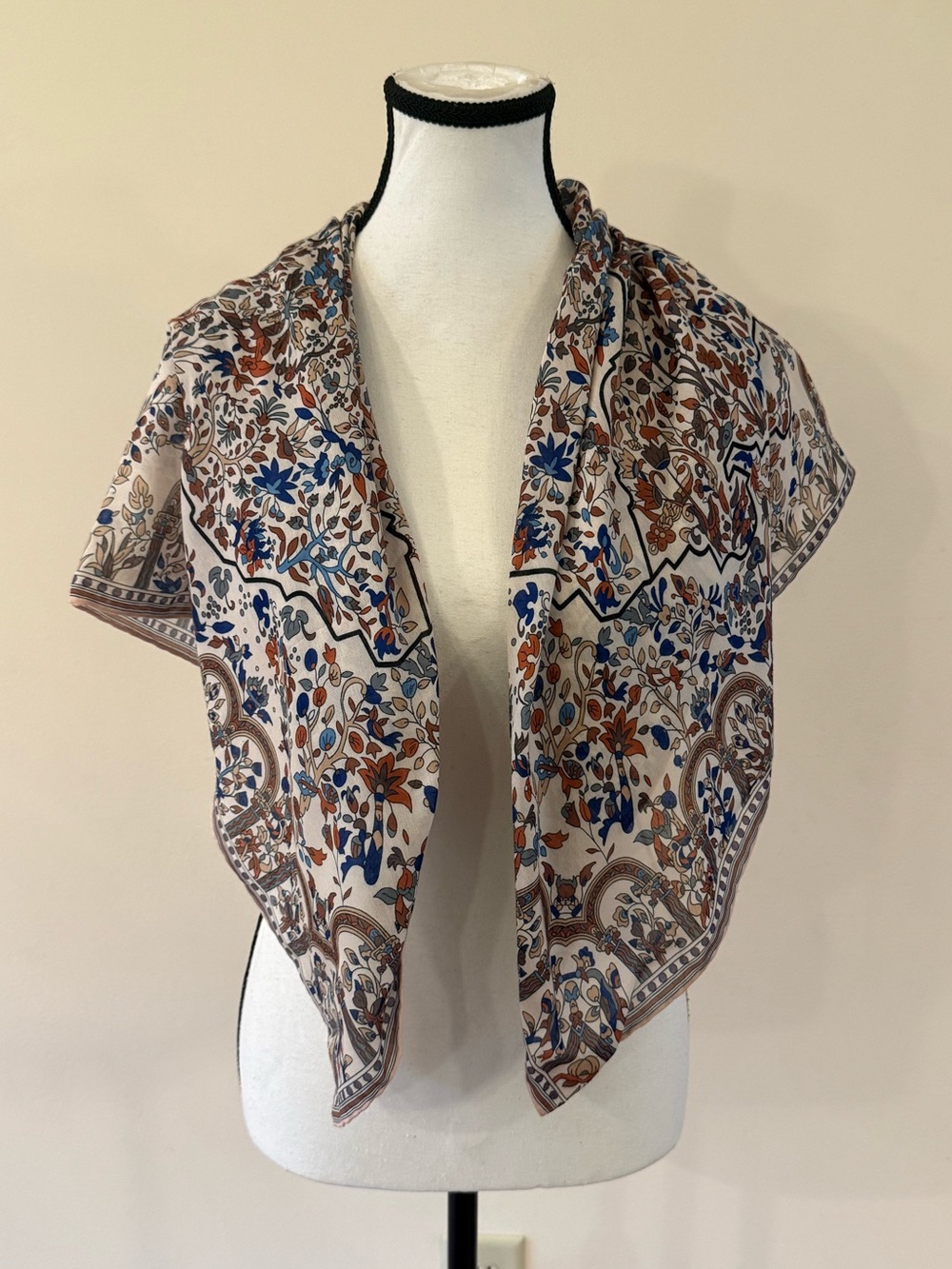 Paisley Floral Silk-Feel Scarf Wrap in Beige, Blue & Brown